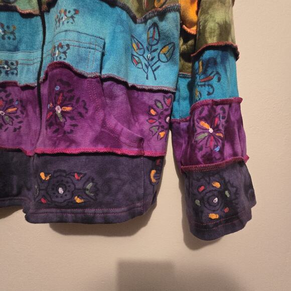 Rising Int'l Rainbow Floral Patchwork Hoodie Sweatshirt Womens XL Hippie Boho - Picture 4 of 9